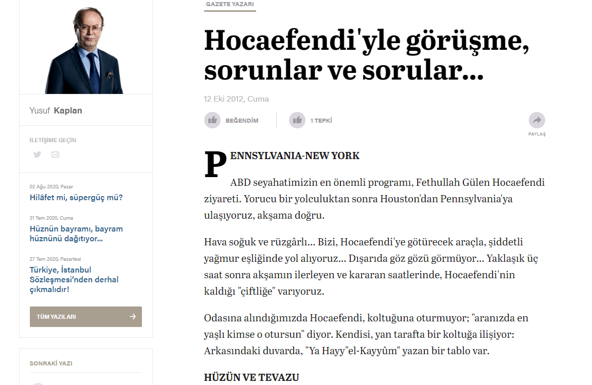 Yusuf Kaplan Fethullah gülen ilişkisi