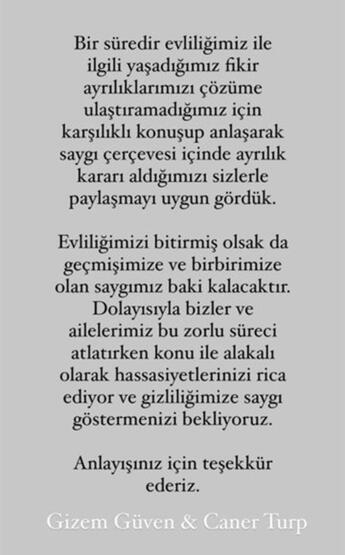  Güven, Turp ile birlikte ortak açıklama yayınlayarak, boşanacaklarını duyurdu.