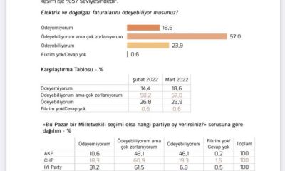 Anket sonucuna göre elektrik ve doğalgaz faturalarını ödeyemediğini söyleyen yurttaşlar yüzde 18,6, ödeyebiliyorum ama zorlanıyorum diyenler yüzde 57, ödeyebiliyorum diyenler ise yalnızca 23.9. Şubat 2022'den Mart 2022'ye kadar faturalarımı ödeyemiyorum diyen yurttaş yüzdesi yüzde 4.2'lik artış gösterirken ödeyebiliyorum diyenlerin sayısı yüzde 2.9 azaldı.